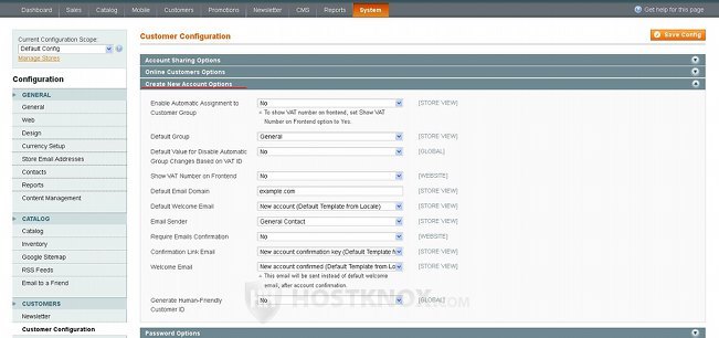 Create New Account Options Panel