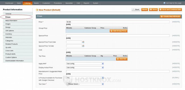 Product Settings-Prices Tab