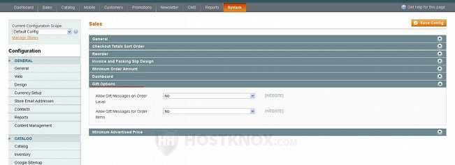 System Configuration Sales Settings-Gift Options Panel