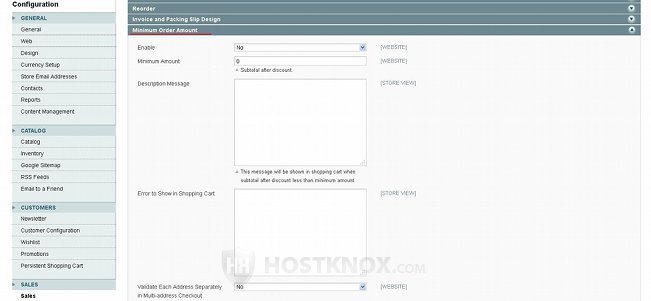 System Configuration Sales Settings-Minimum Order Amount Panel