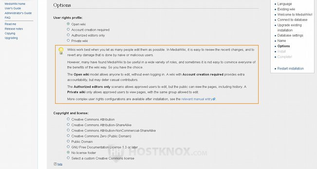 Options for Type of Wiki and for Copyright and License