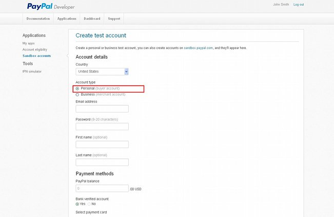Developer PayPal Account-Form for Creating Sandbox Test Accounts