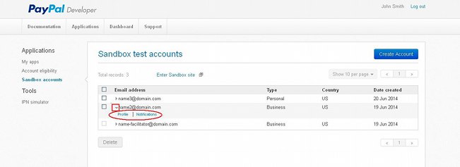 Developer PayPal Account-Profile and Notifications Buttons for a Test Account