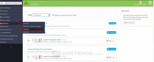 Accessing the Section in the Admin Panel for Managing Module Positions