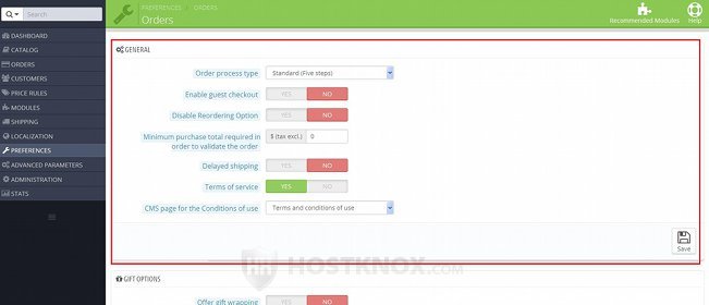 Preference Options for Orders-General Options