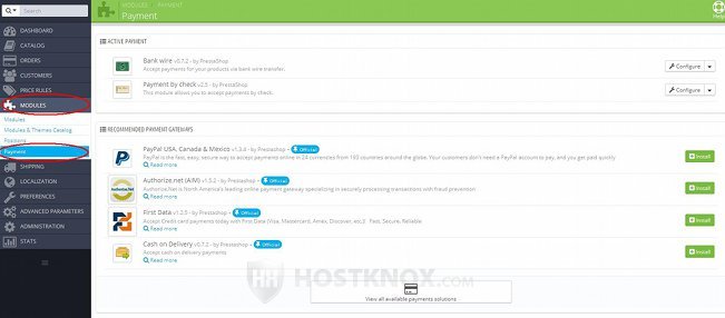 Payment Modules List in the Payment Section in the Admin Panel