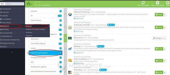 Payment Modules List in the Modules Section in the Admin Panel