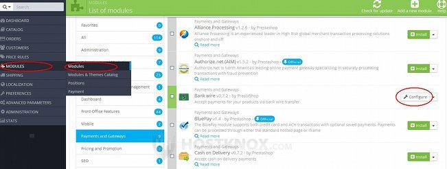 Payment Modules List in the Modules Section in the Admin Panel-Configuring a Module