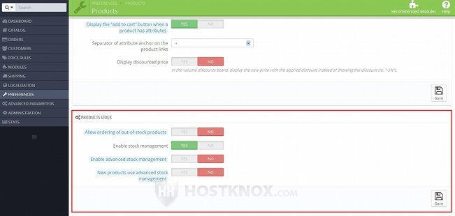 Product Preferences-Products Stock Section