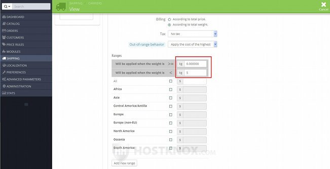 Form for Adding/Editing Carriers-Fields for Setting the Limits of a Range