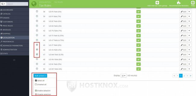 Table with Existing Tax Rules-Bulk Actions