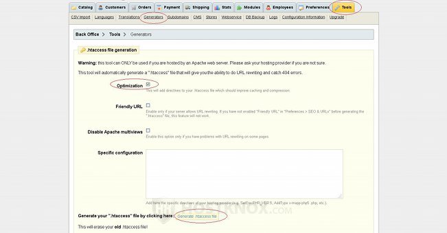 PrestaShop Backend-Generating an .htaccess File