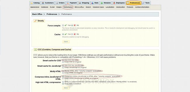 PrestaShop Backend-Enabling Combine, Compress and Cache