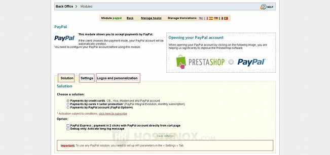 PayPal Module Settings-Solution Tab