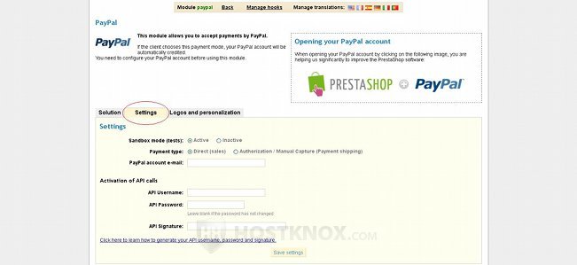 PayPal Module Settings-Settings Tab