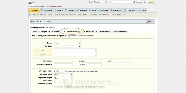 Product Settings-Combinations Tab