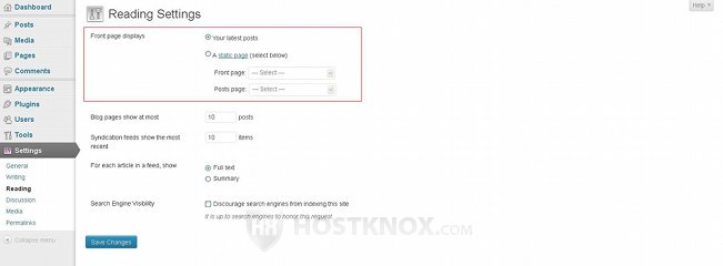 Reading Settings-Front Page Options