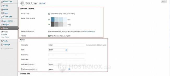 Form for Editing Users-Personal Options and Name Sections